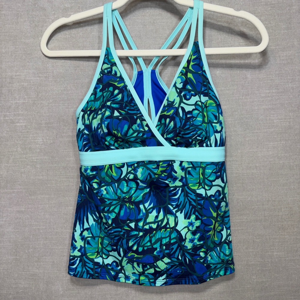 L.L.Bean Womens Floral Tankini Swim Top Size 4 Reg UPF 50+ Blue Green‎ Beach
